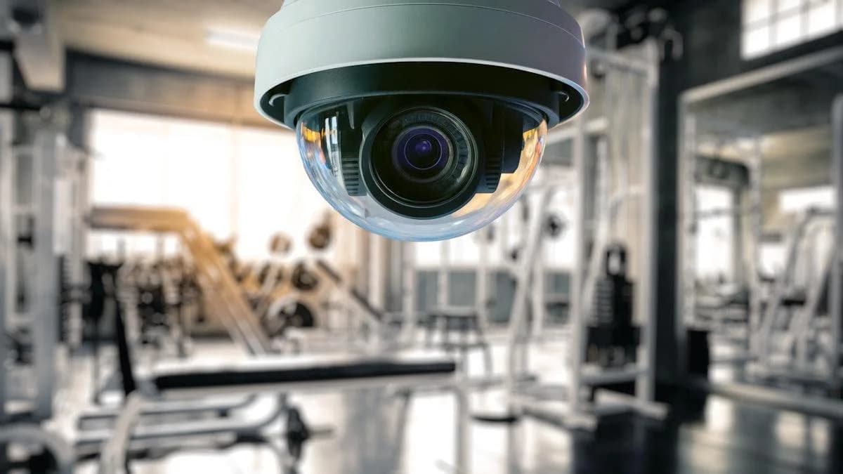 Illustrative image: a dome security camera above gym equipment