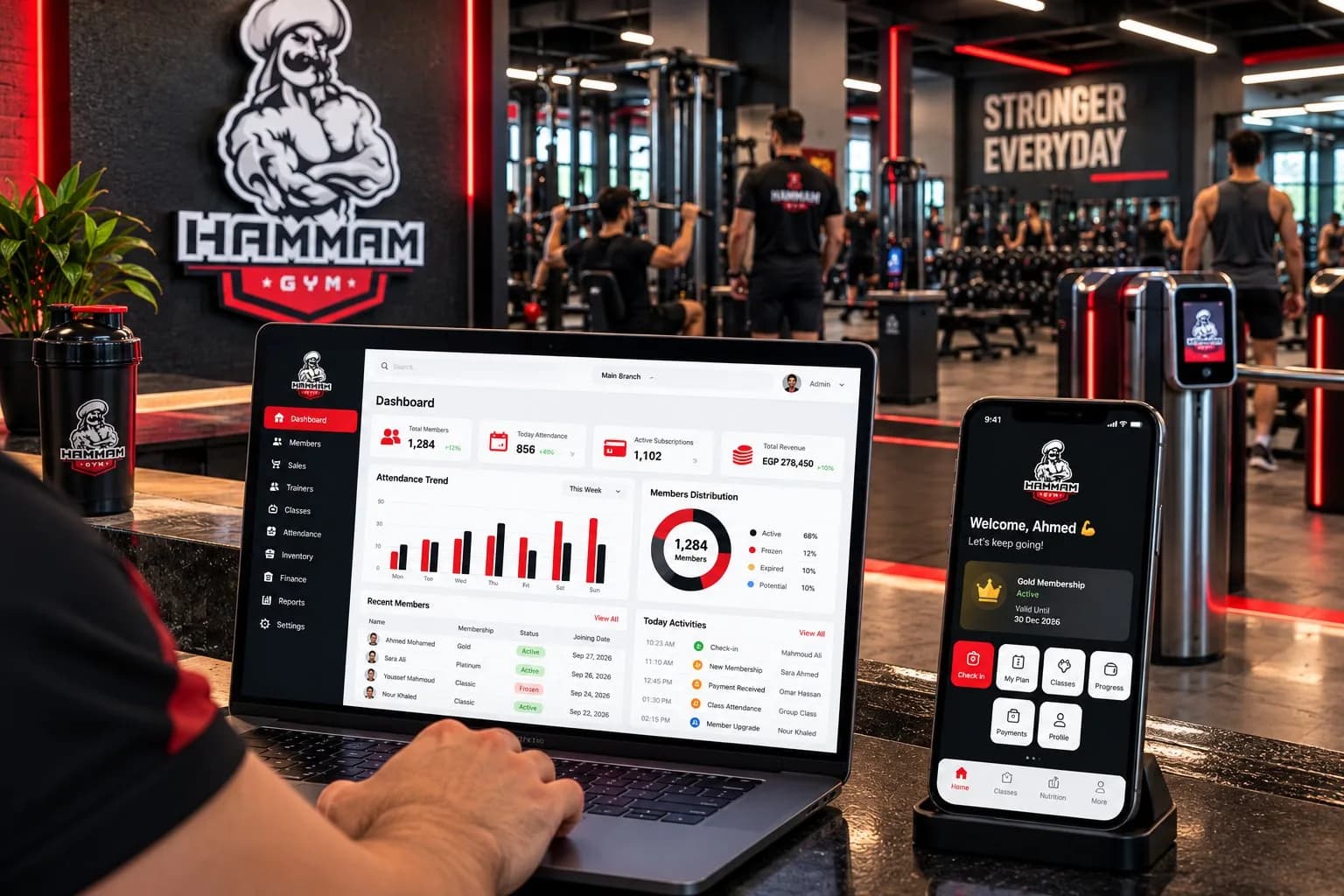 Illustrative visual: the HAMMAM GYM management dashboard on a laptop and the member app on a phone at the gym's front desk