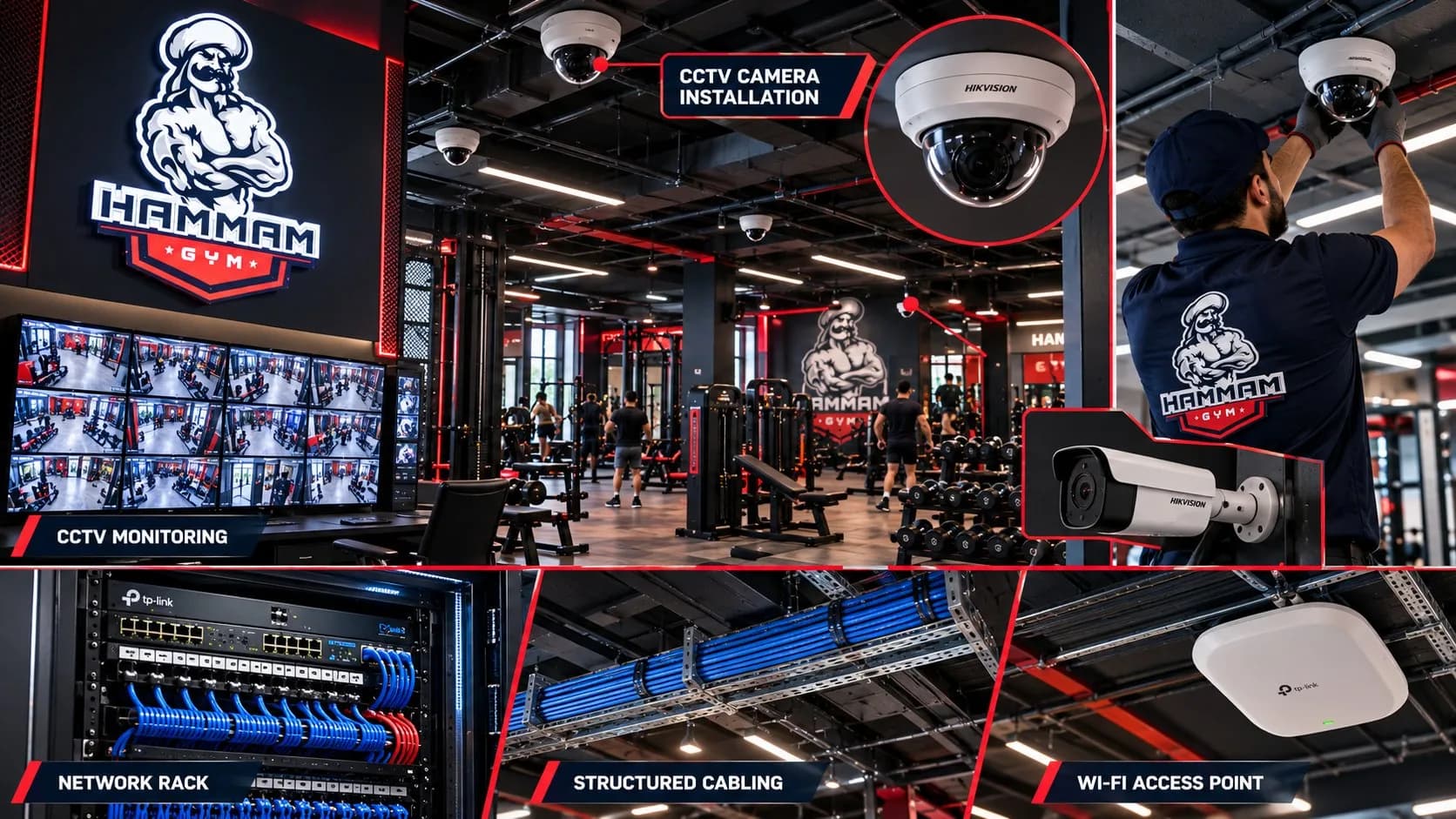 Illustrative image: network rack, structured cabling and a Wi-Fi access point