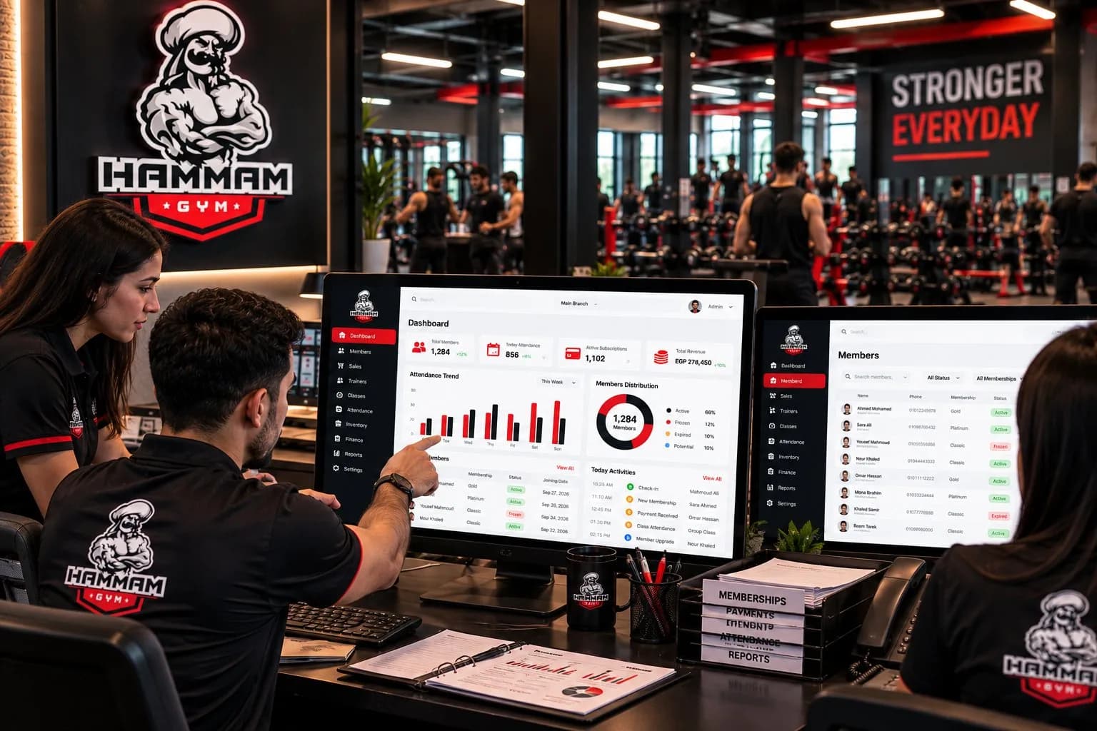 Illustrative visual: HAMMAM GYM staff working with the management dashboard at reception