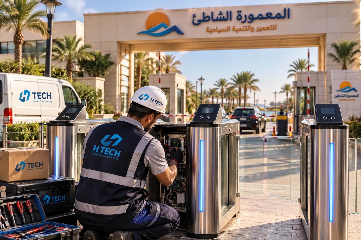 صورة توضيحية: مهندس إتش تك يضبط بوابة إلكترونية