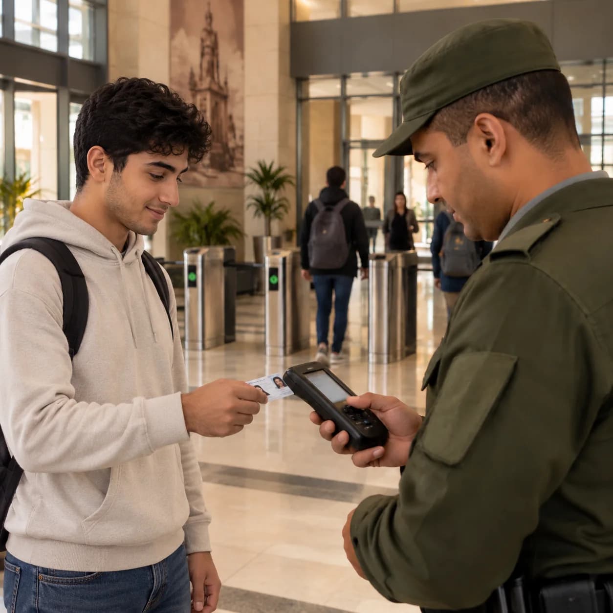 Illustrative image: a security officer verifying a student ID card on a handheld device