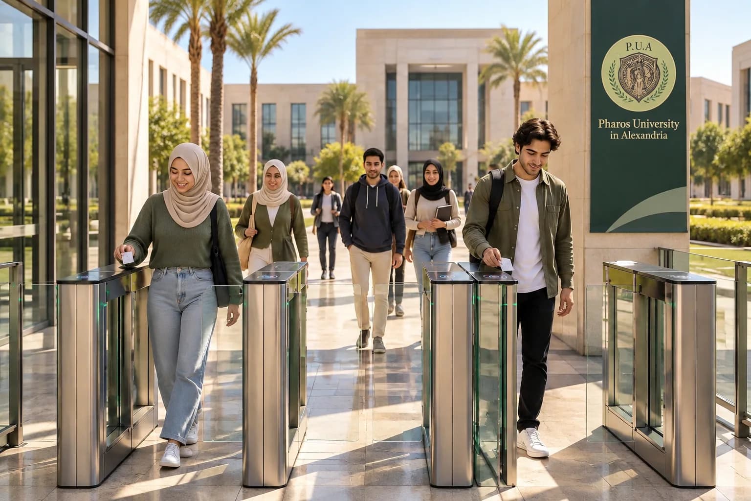 Illustrative image: students tapping their cards at speed gates on a university campus