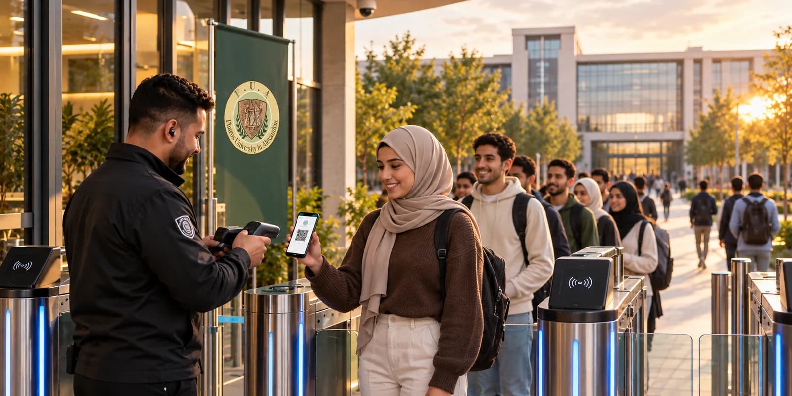Illustrative image: a student showing her phone to a security officer at the campus gates
