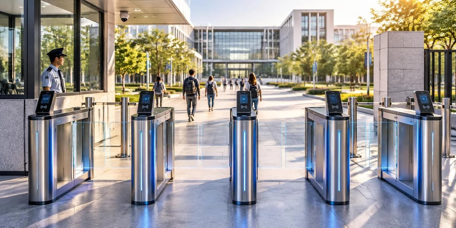 Illustrative image of glass speed gates with card readers at a campus entrance