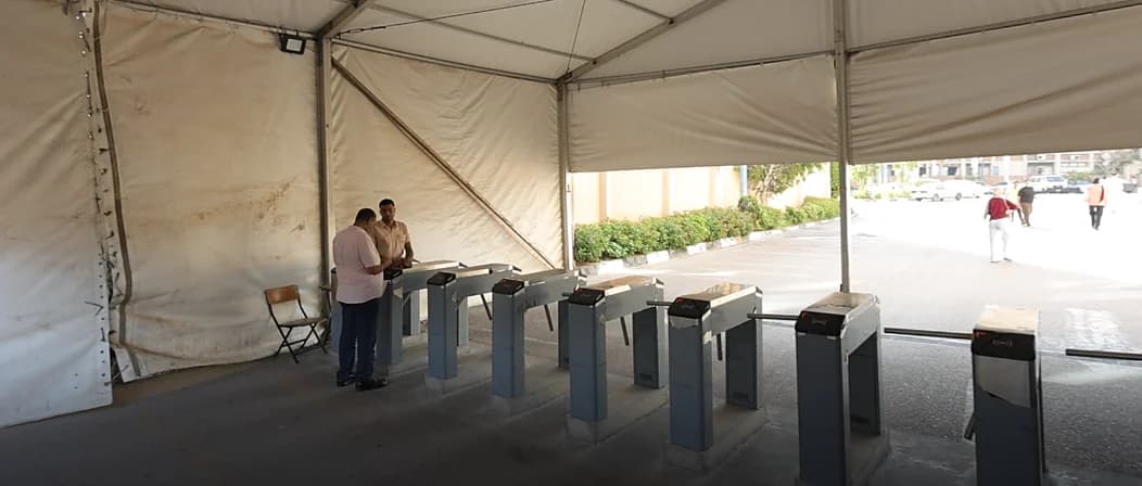 Turnstiles under the entrance canopy