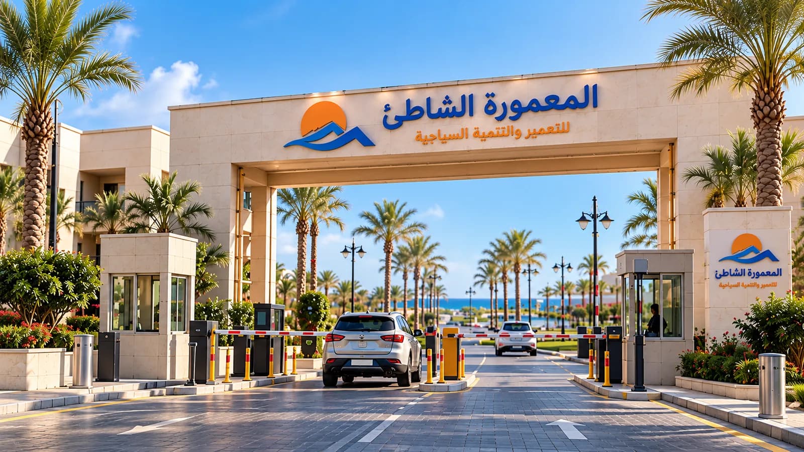 صورة توضيحية: مدخل المعمورة الشاطئ بحواجز السيارات وأكشاك الأمن